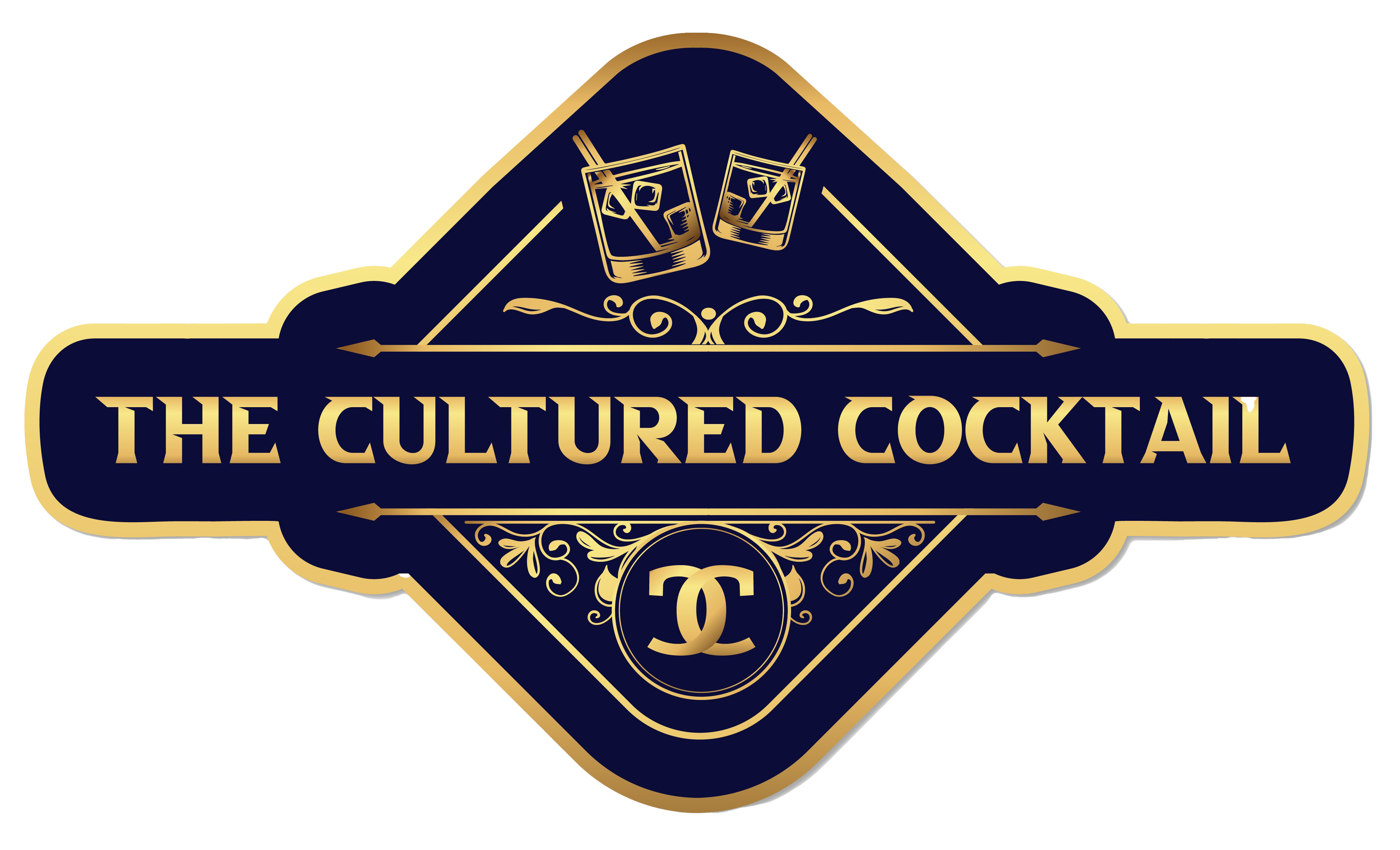 The Cultured Cocktail logo with two drink glasses and ornate golden details.