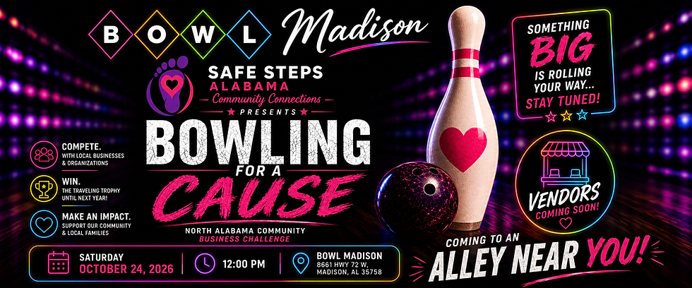 Neon bowling fundraiser poster with pin and ball, reading Bowling for a Cause in Madison, Alabama; vendors coming soon.