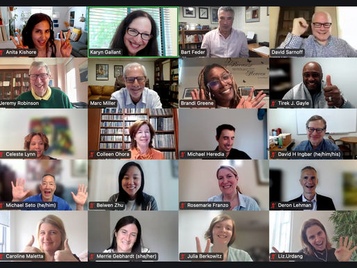 A grid of 16 people smiling during a video call, with various backgrounds. Some hold up peace signs or thumbs up, conveying a cheerful mood.