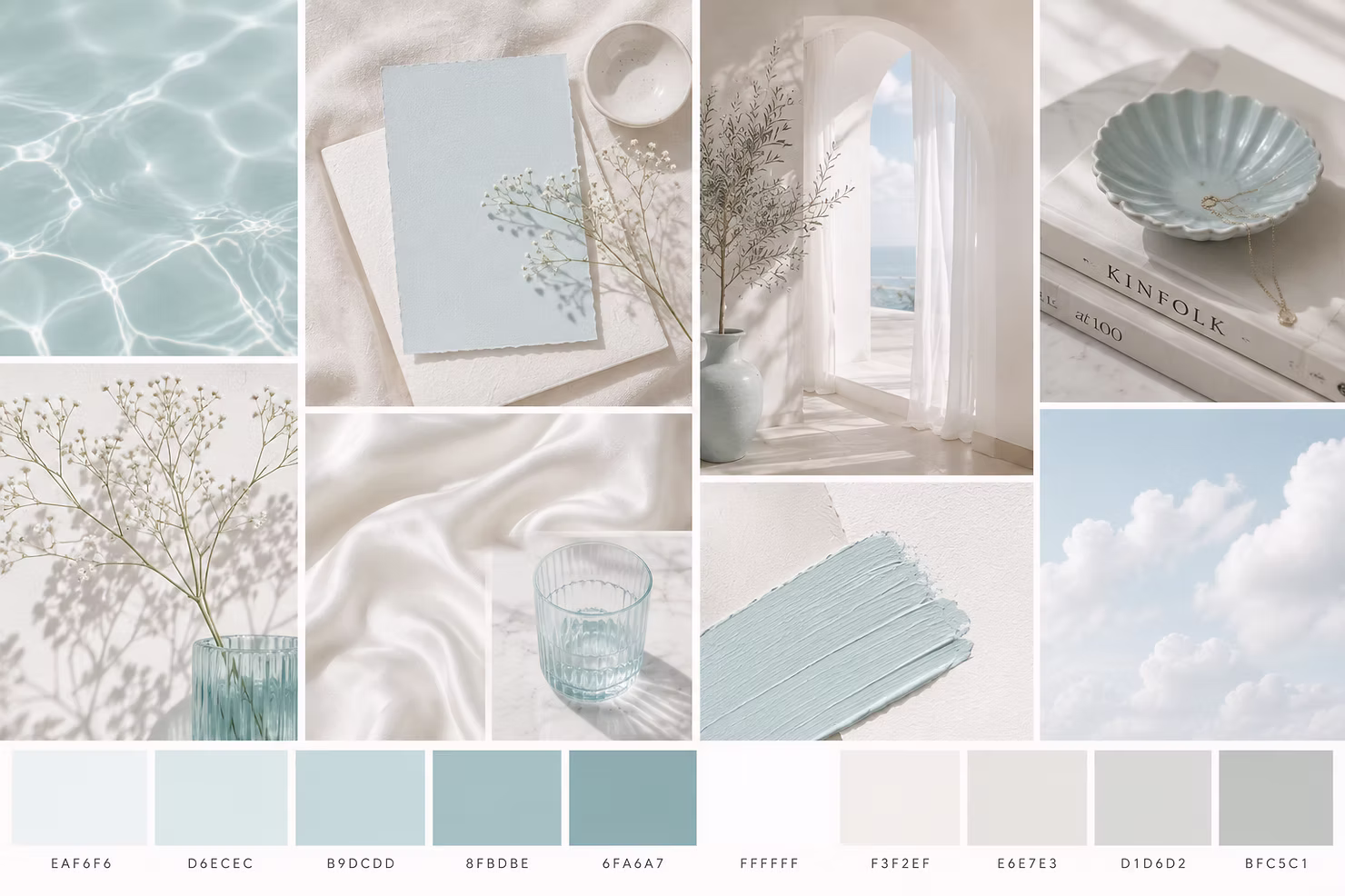 Soft coastal-inspired mood board featuring airy interiors, pale blue accents, flowing fabrics, textured paint swatches, and a calming neutral color palette.