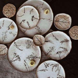 Eco-Friendly Rustic Ceramic Plates with Floral Imprints Hand Crafted in Ukraine