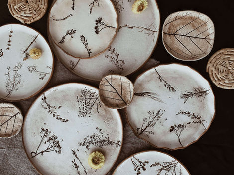 Eco-Friendly Rustic Ceramic Plates with Floral Imprints Hand Crafted in Ukraine