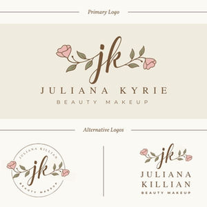 Logo and branding guide for Juliana Kyrie Beauty Makeup. Includes primary and alternative logos, pastel color palette, fonts, and mood board.