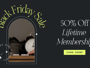 Black Friday Sale banner with "50% Off Lifetime Membership" text and code "SSSBF." Features a clock and Scrabble tiles spelling "BLACK FRIDAY."