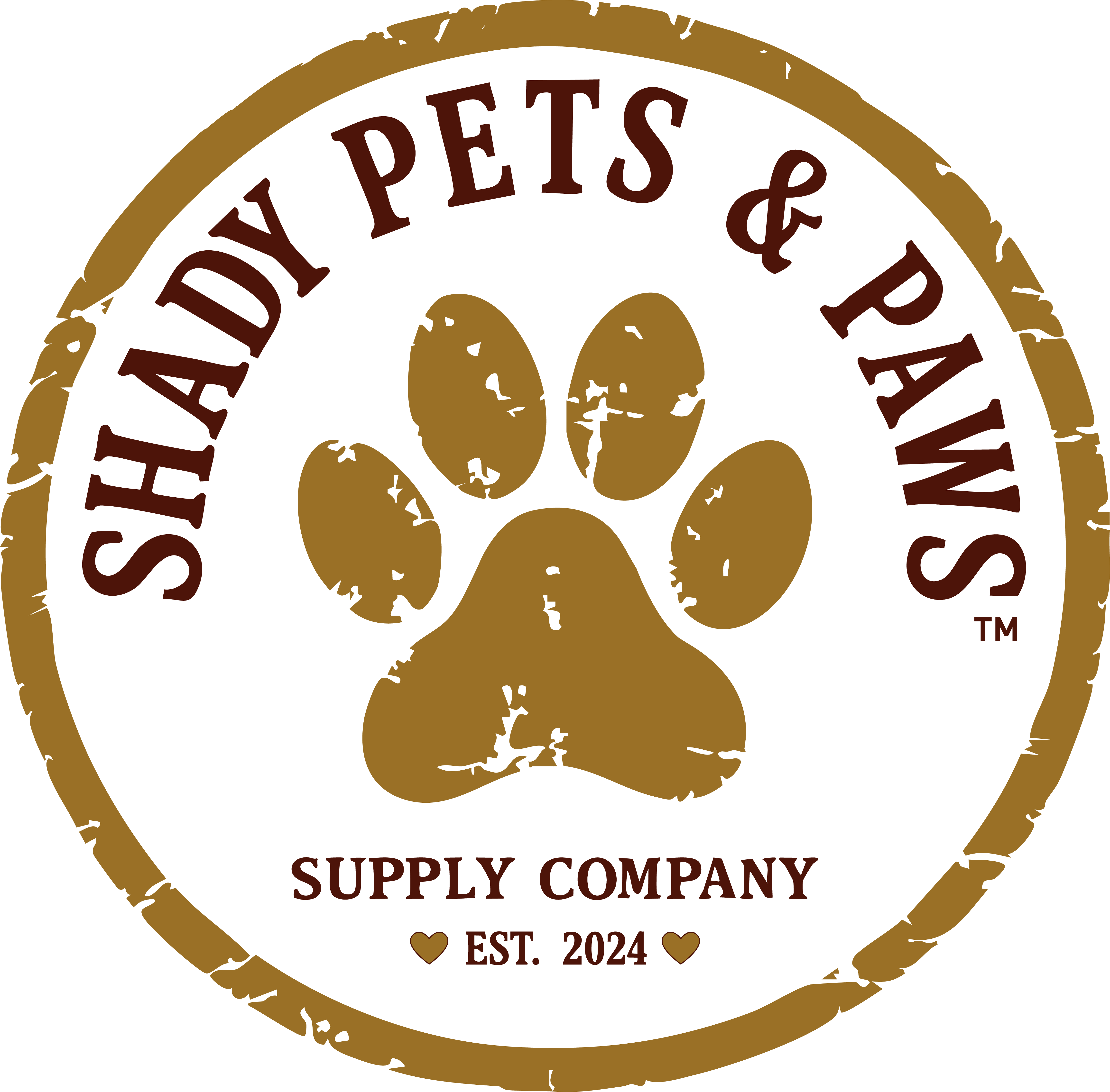 Shady Pets & Paws Supply Company logo with a gold paw print
