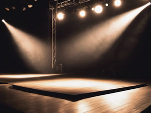 Dimly lit theater stage with wooden floor and bright spotlights above, creating a dramatic and anticipating atmosphere. No people visible.