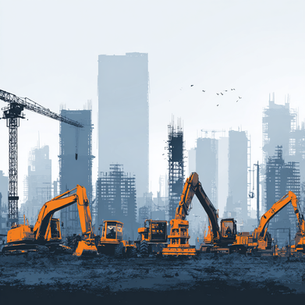 Orange construction machinery operates on a site with cranes and tall buildings in the background. The sky is gray, conveying a busy urban scene.