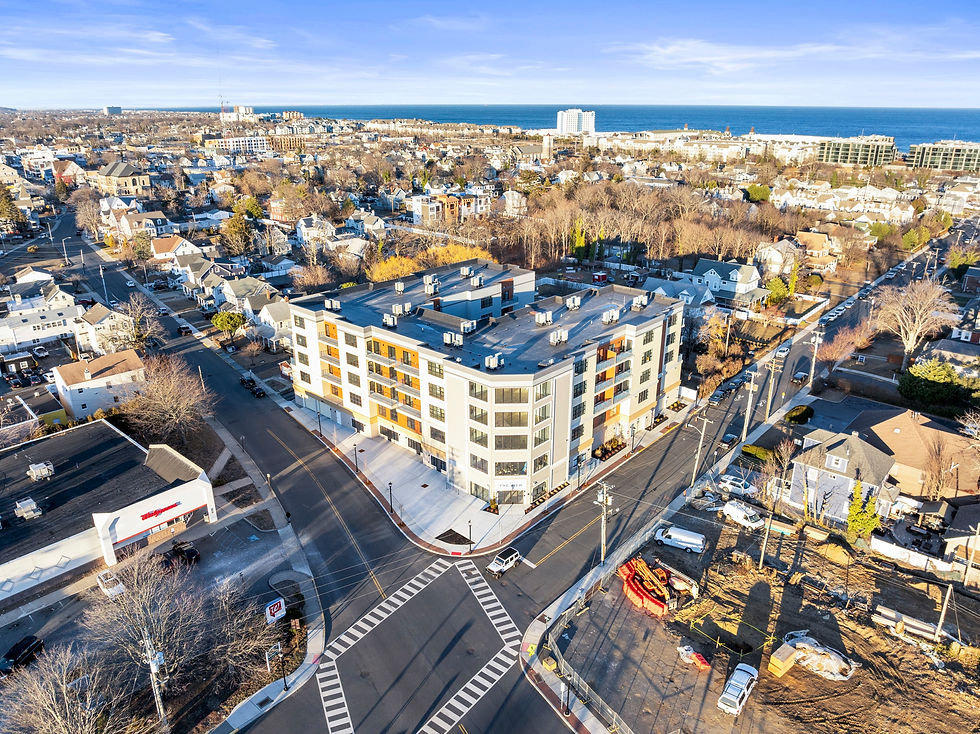 Aerial view of The View at Long Branch apartment building and surrounding Long Branch neighborhood