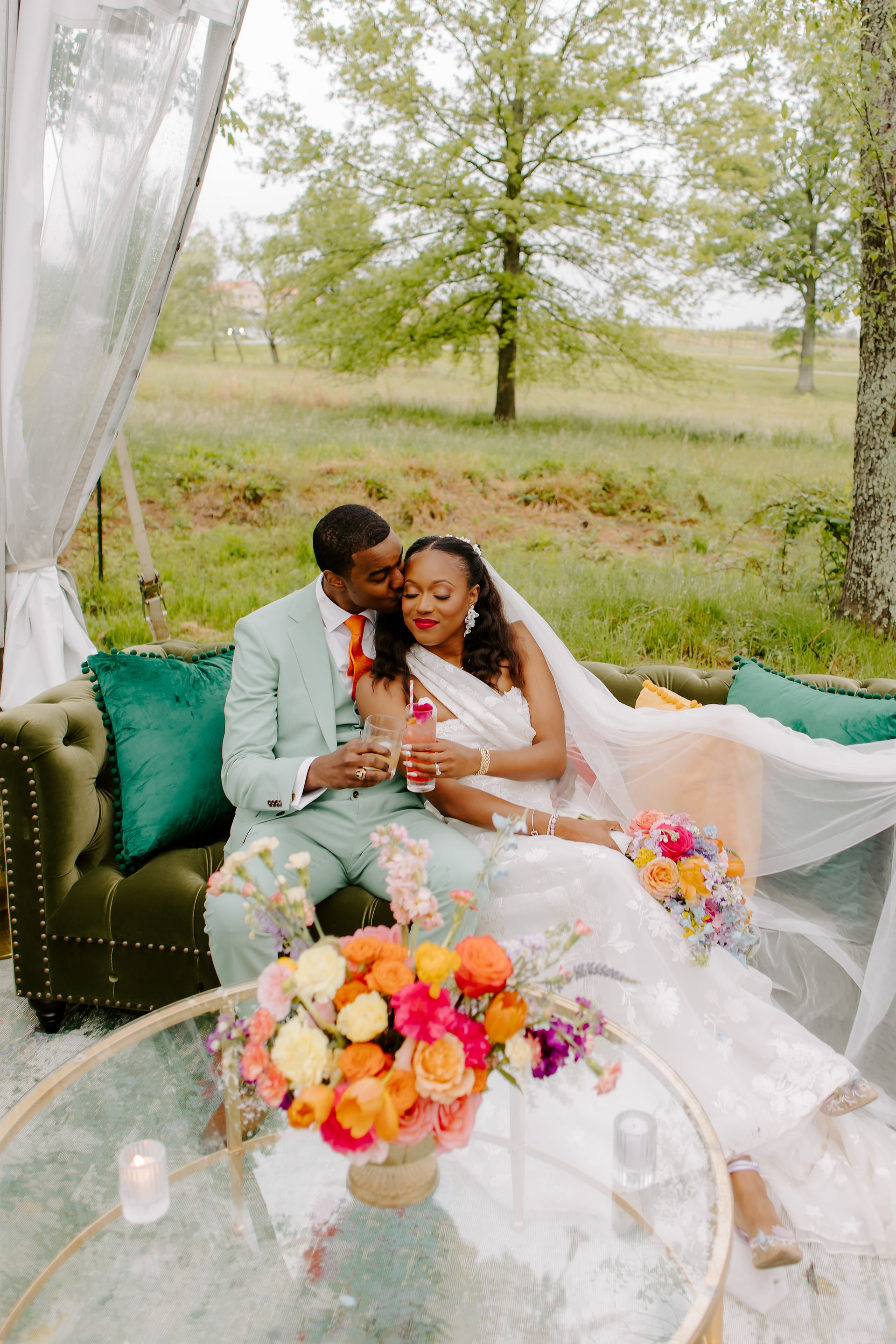 bride and groom in outdoor staged area