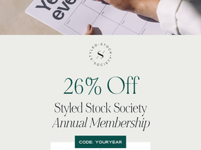 Hand writing in a planner titled "Yearly events." Below, a Styled Stock Society ad shows 26% off annual membership, reduced to $292.30.