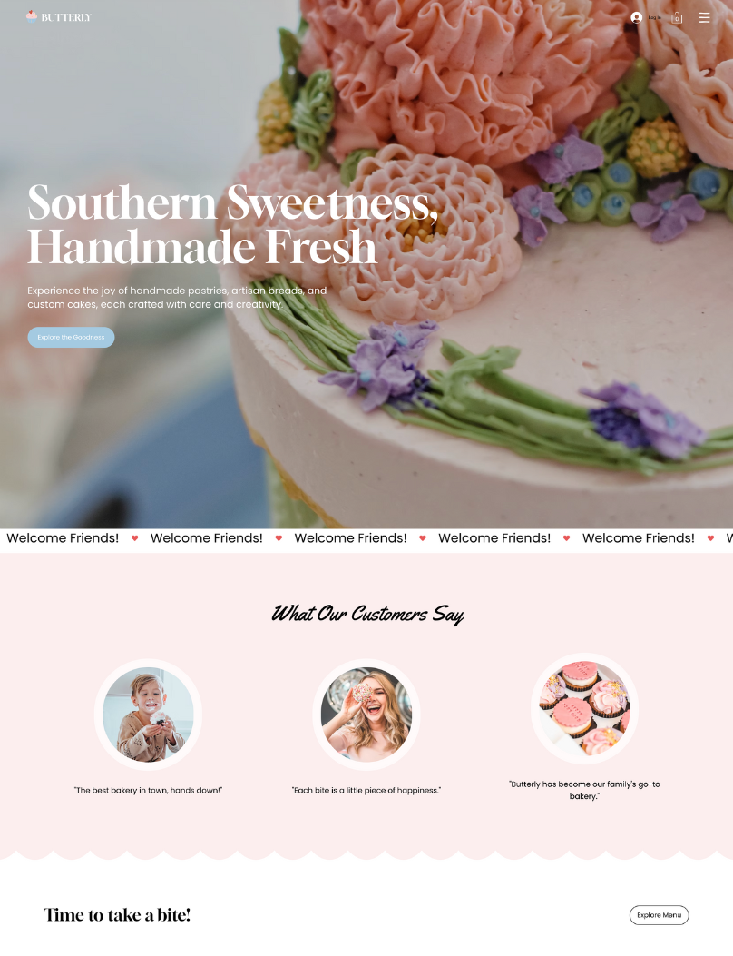 Homepage of a southern-style bakery website featuring a warm, inviting design