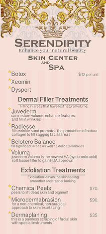Serendipity Skin Center and Spa menu