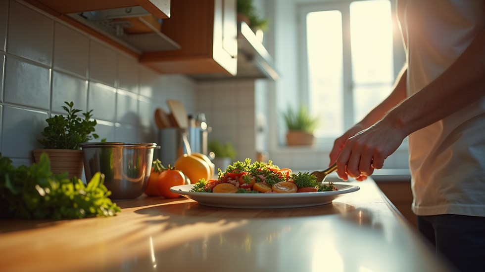 Eye-level view of a tidy kitchen with a meal being prepared