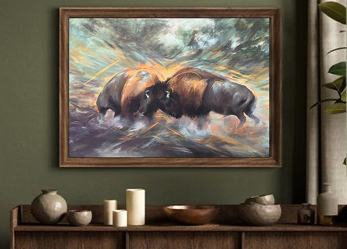 Buffalo Painting in Beautiful Green and Brown Room