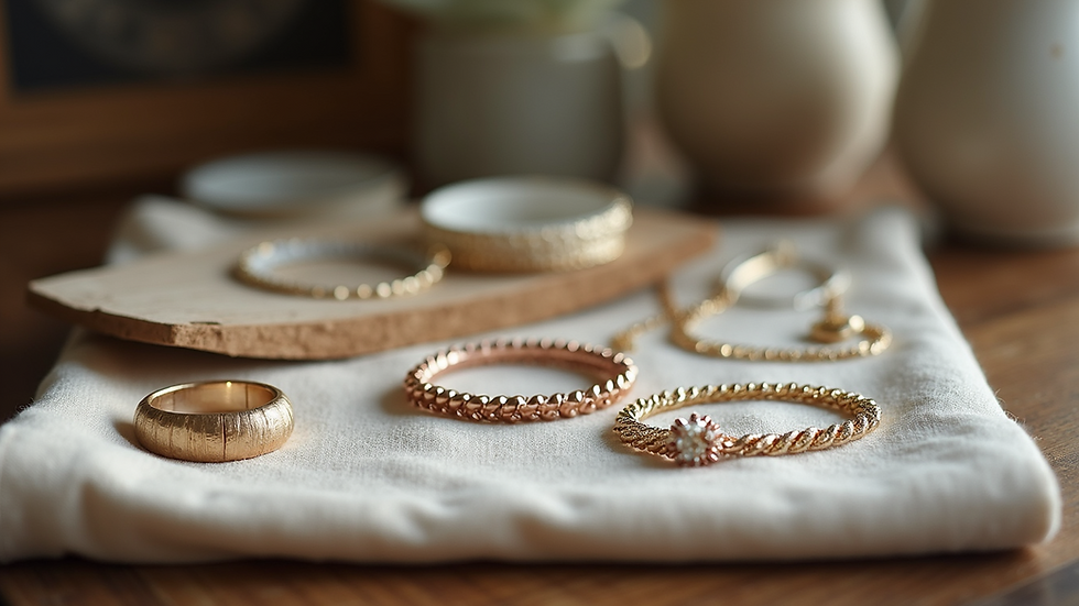 Eye-level view of handmade jewelry displayed on a cloth