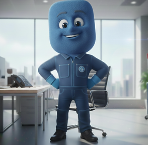 Maskottchen, mit blauem Kopf und Blaumann an. Stehen mitten im Raum