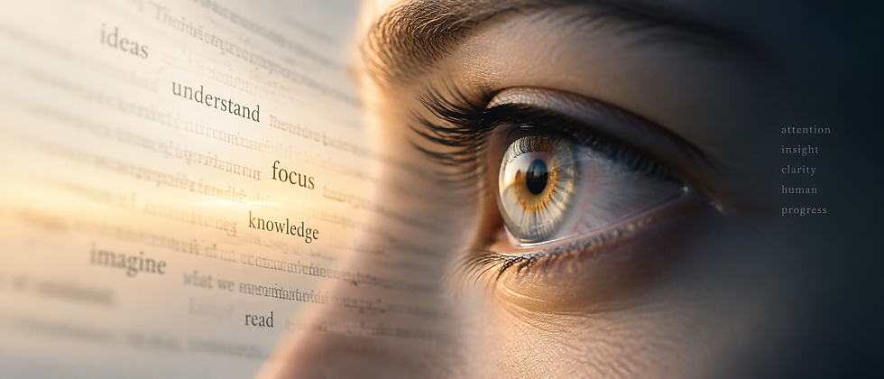 Composição editorial minimalista de um olho humano estilizado sobre linhas de texto desfocadas, simbolizando a leitura cognitiva.
