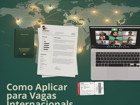 Mapa-múndi conceitual com símbolos de documentos, comunicação e oportunidades de trabalho internacional.