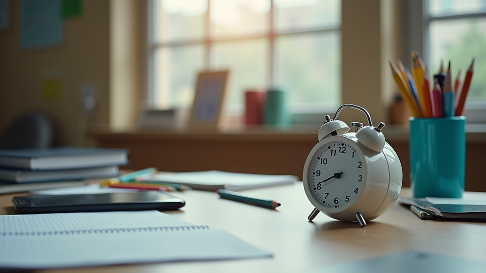 Close-up view of a desk with organized school supplies and a timer