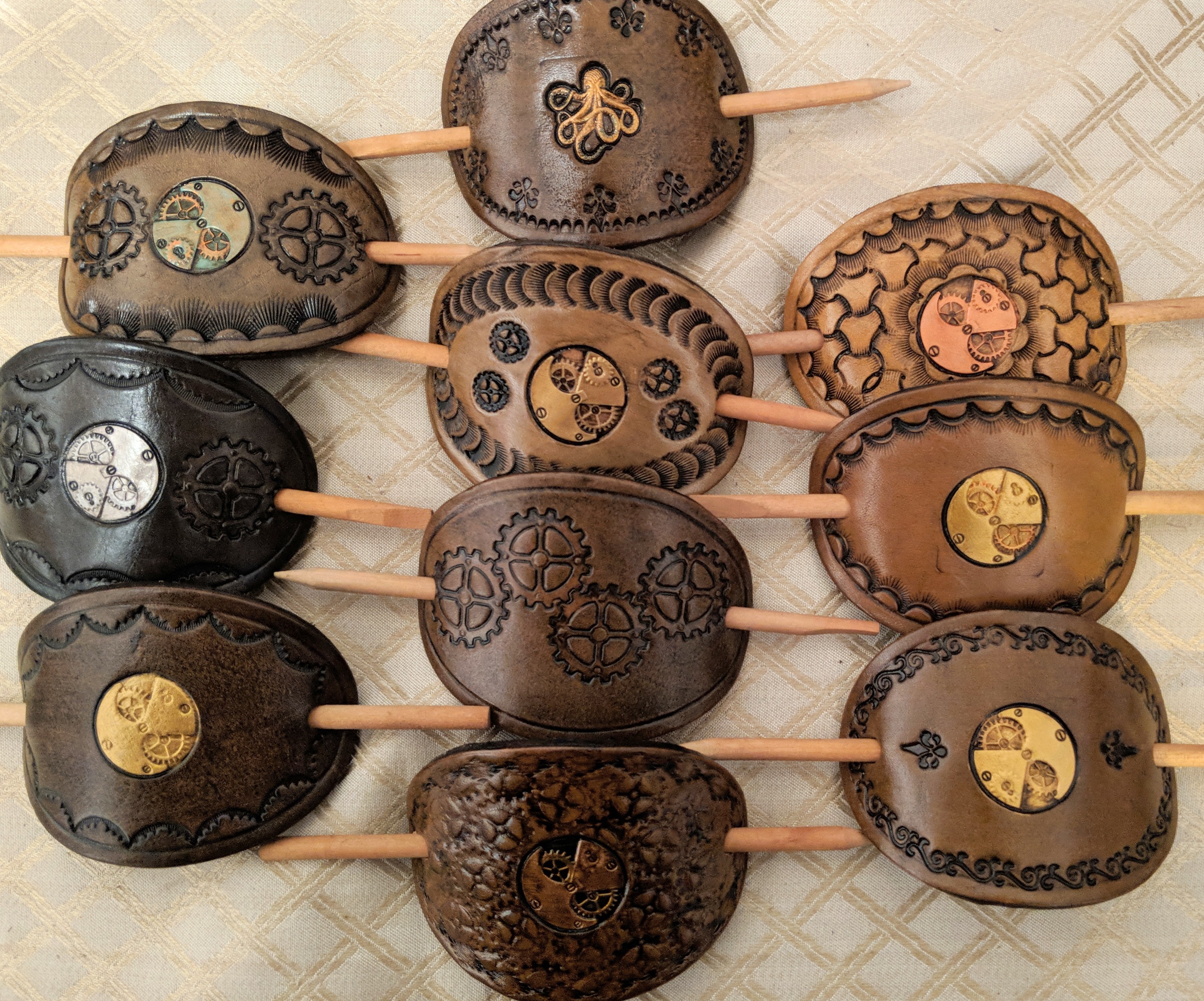 Steampunk leather hair slides