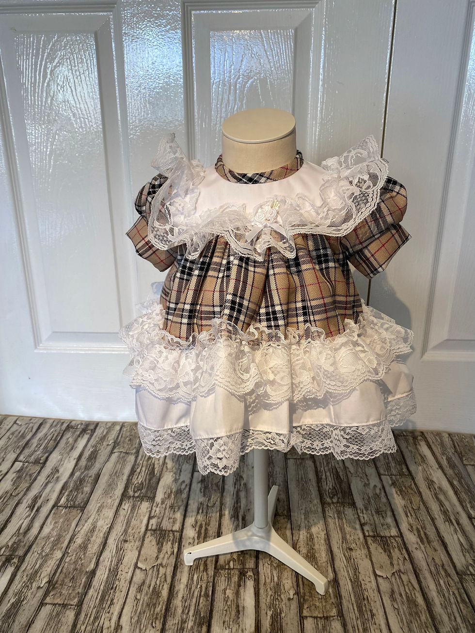 Thumbnail: Beige Tartan and White Frilly Carriad Dress