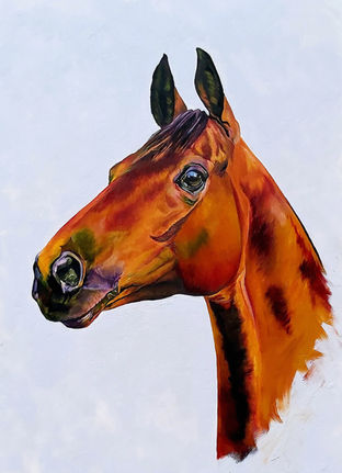 Racehorse Red Rum. A fine art oil animal portrait painting by artist Linda Bloomfield