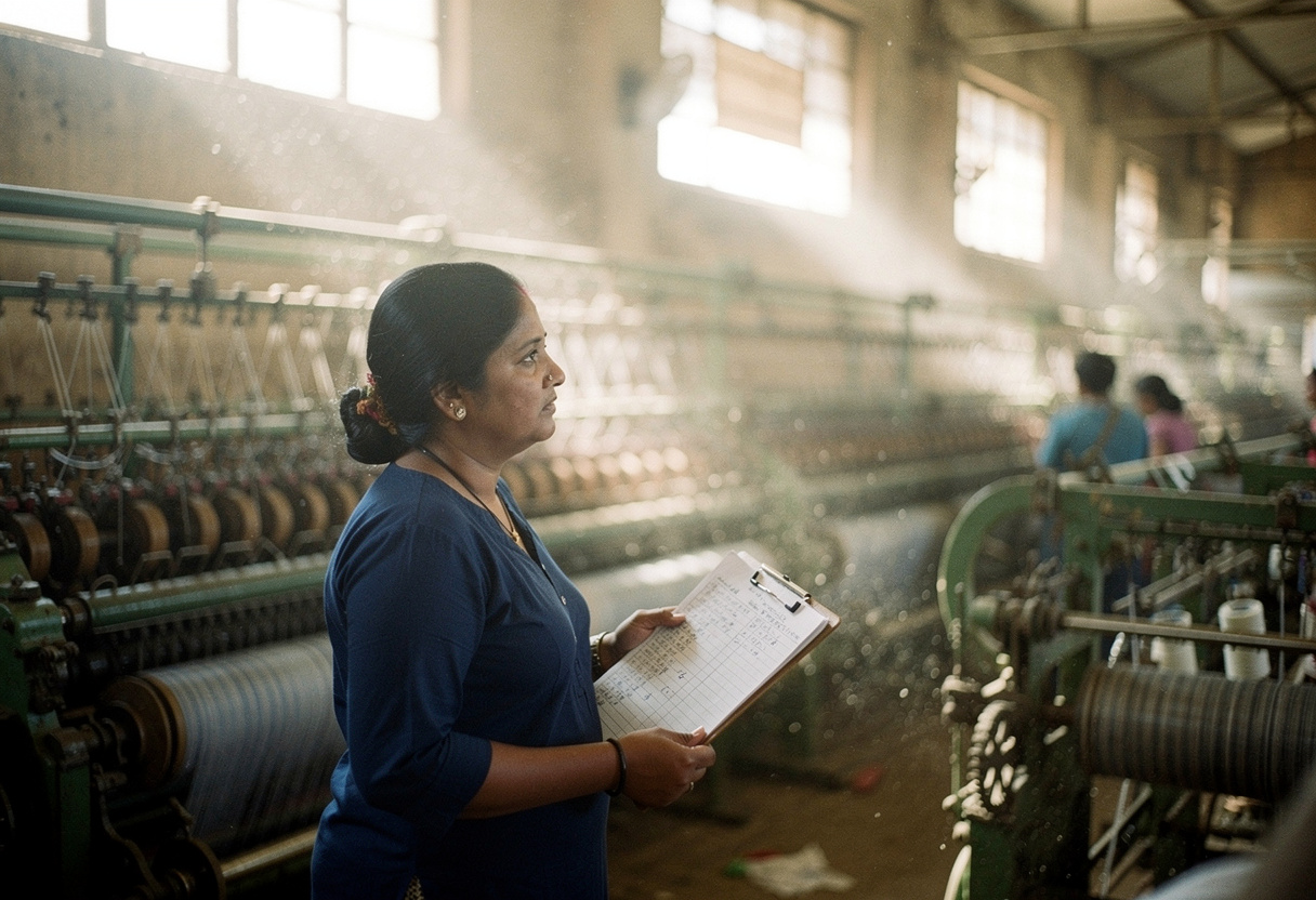 A textile mill worker holding handwritten production records, dust catching sunlight in the spinning machinery behind her