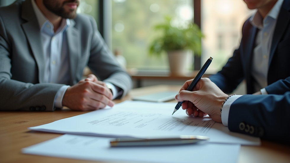 Eye-level view of a business meeting with a consultant and a small business owner discussing documents