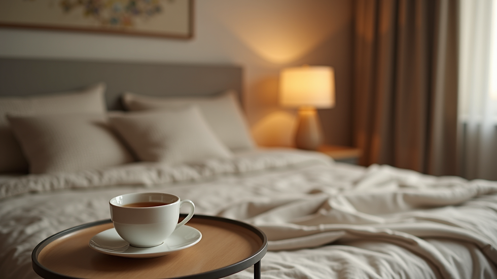 Eye-level view of a cozy bedroom with a cup of herbal tea on the nightstand