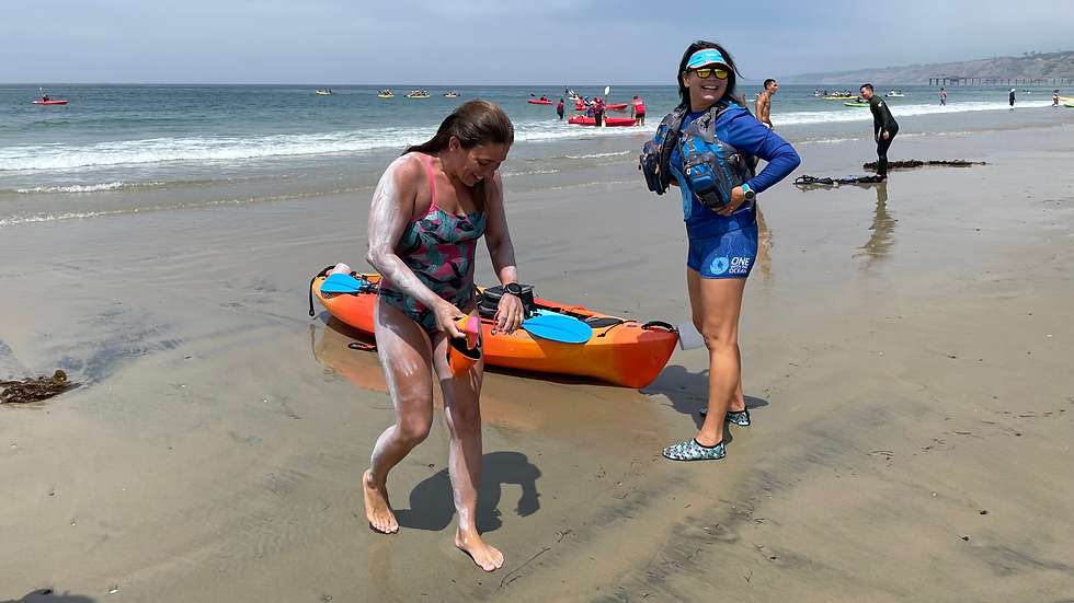 Exiting the water after that first 8-hour training swim