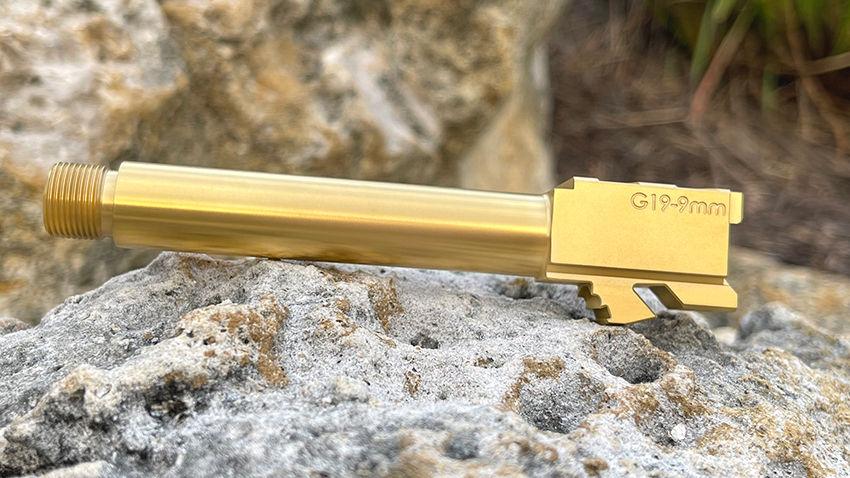 Thumbnail: G19 9mm Gen 1-5 threaded Premium Glock barrel with thread protector, color gold TiN