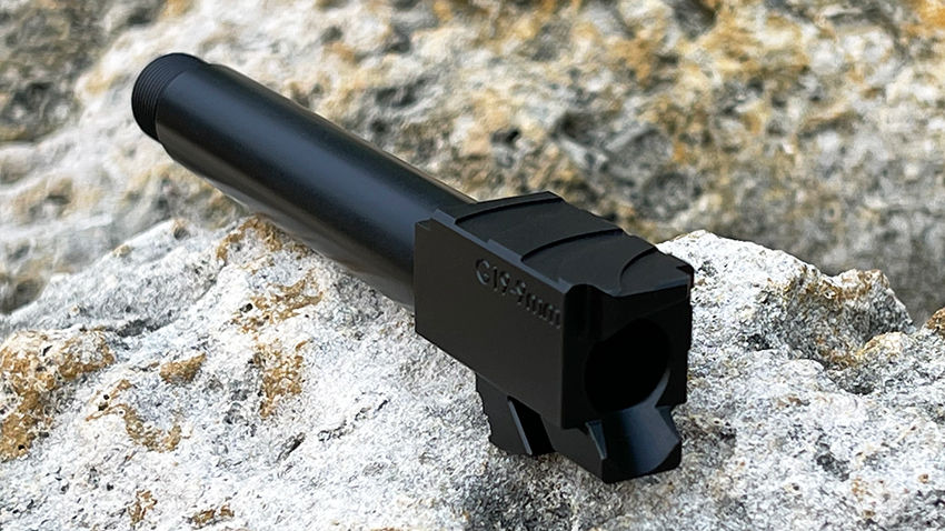 Thumbnail: G19 9mm Threaded Glock Barre Black Nitride on a rock