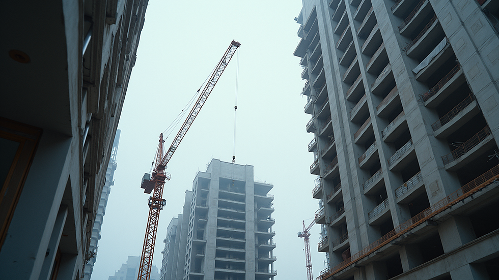 Eye-level view of a construction site with cranes and unfinished buildings