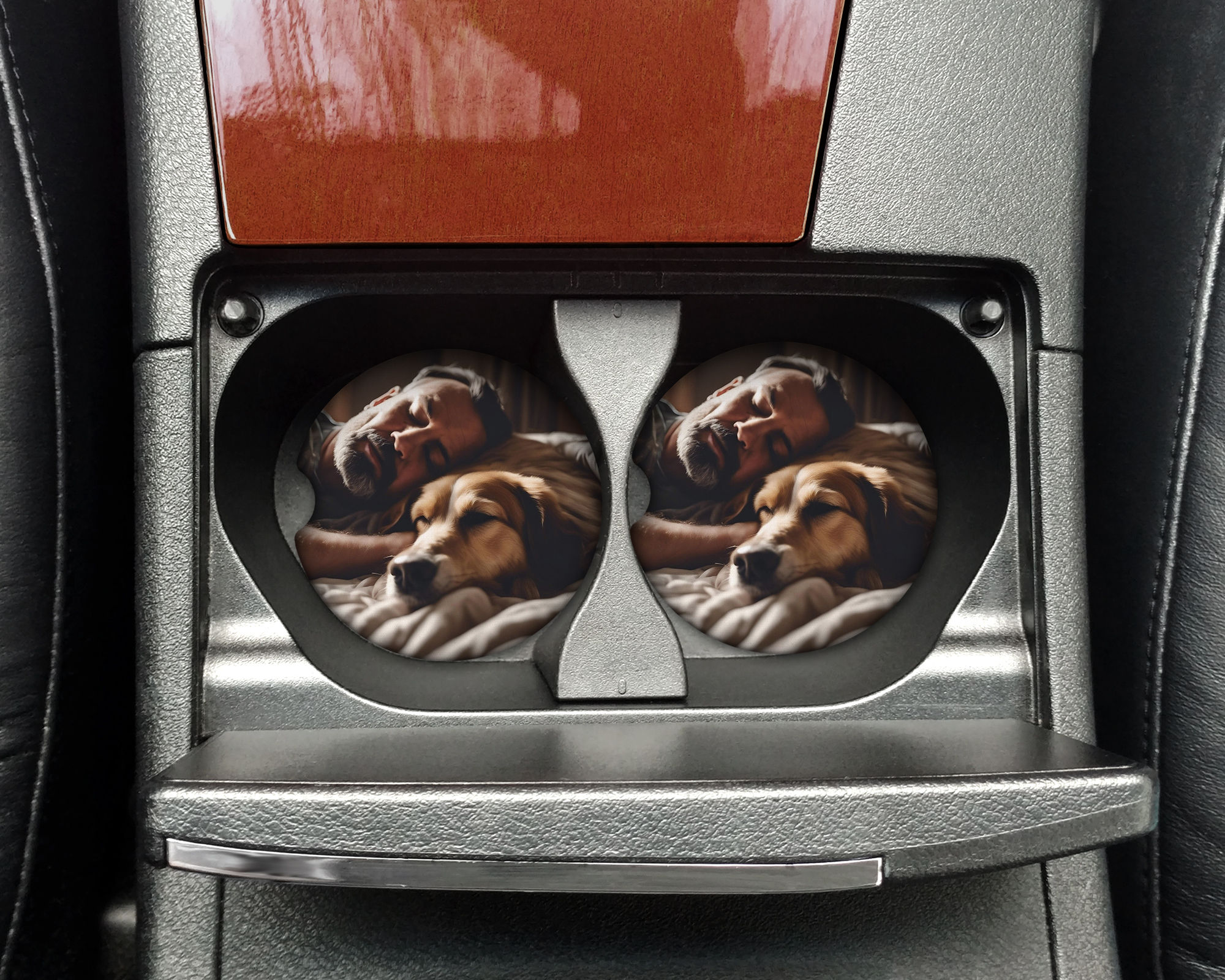 Car coaster with man and dog