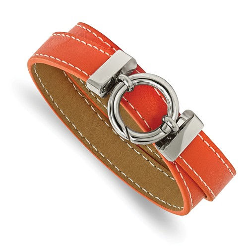 Stainless Steel Orange Leather Wrap Bracelet