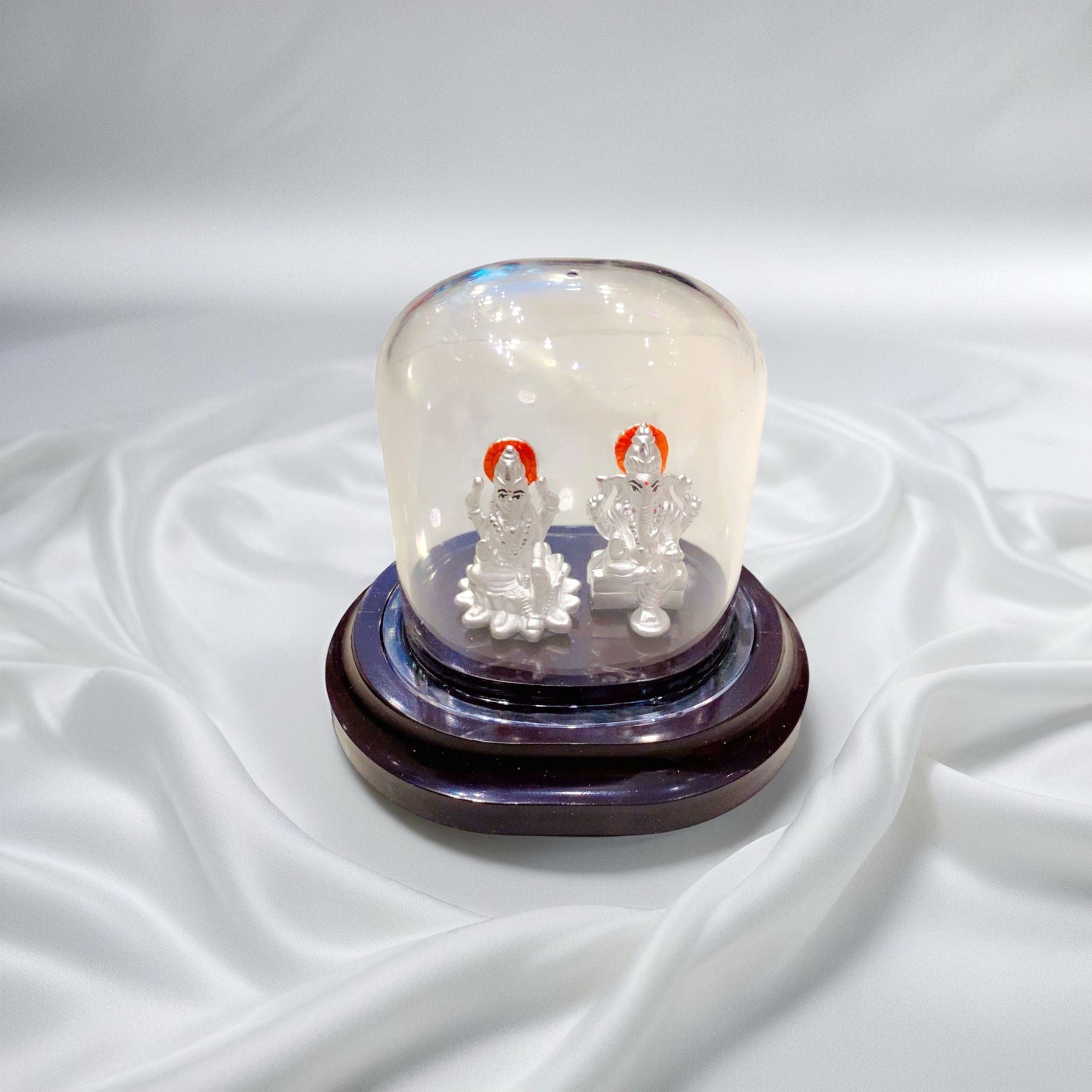 Silver Laxmi Ganesh Idol under Glass Dome
