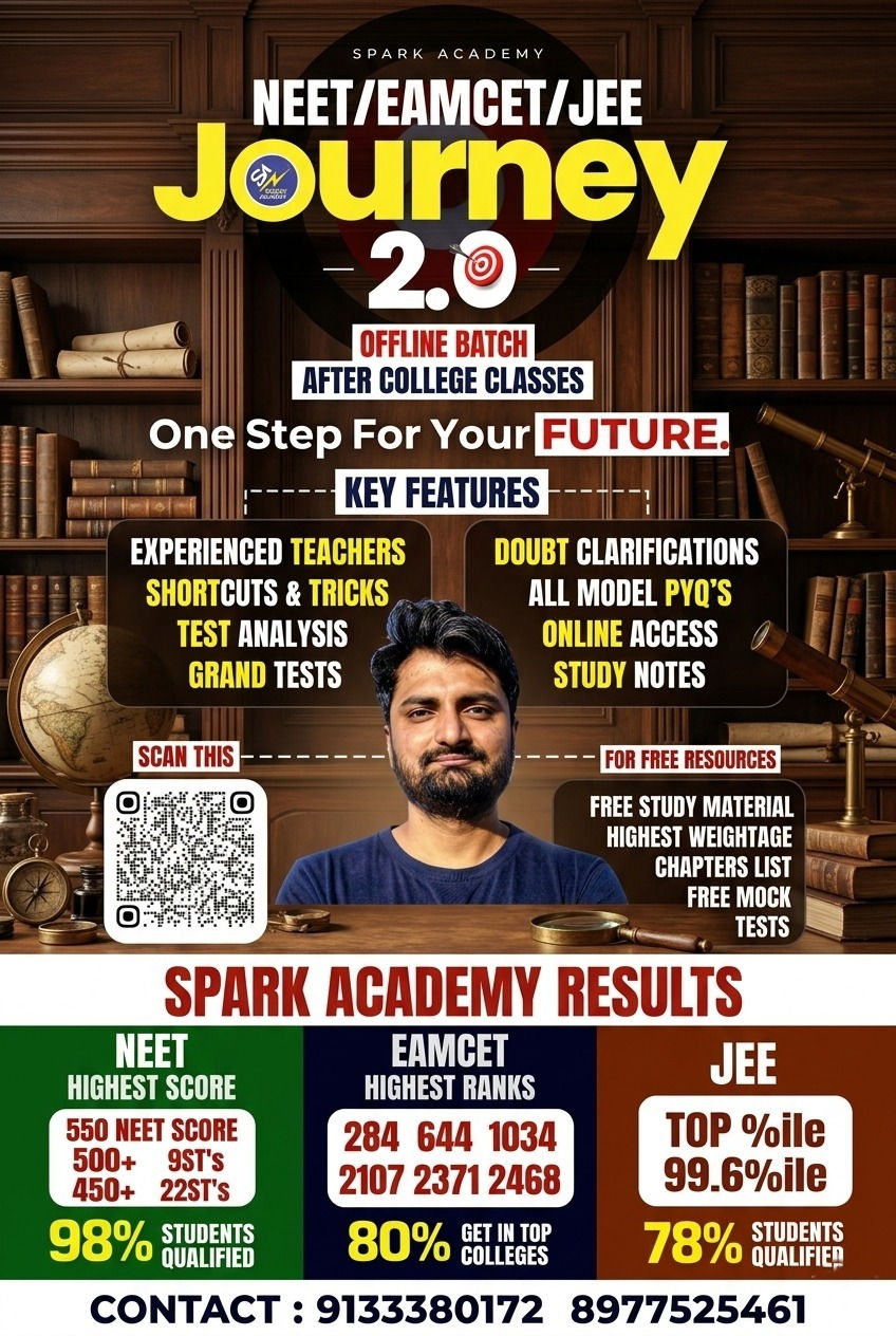 Spark Academy Journey 2.0 offline coaching batch poster for NEET, EAMCET, and JEE aspirants, featuring experienced teachers, doubt clarification, PYQs, mock tests, study materials, QR code, and student results.