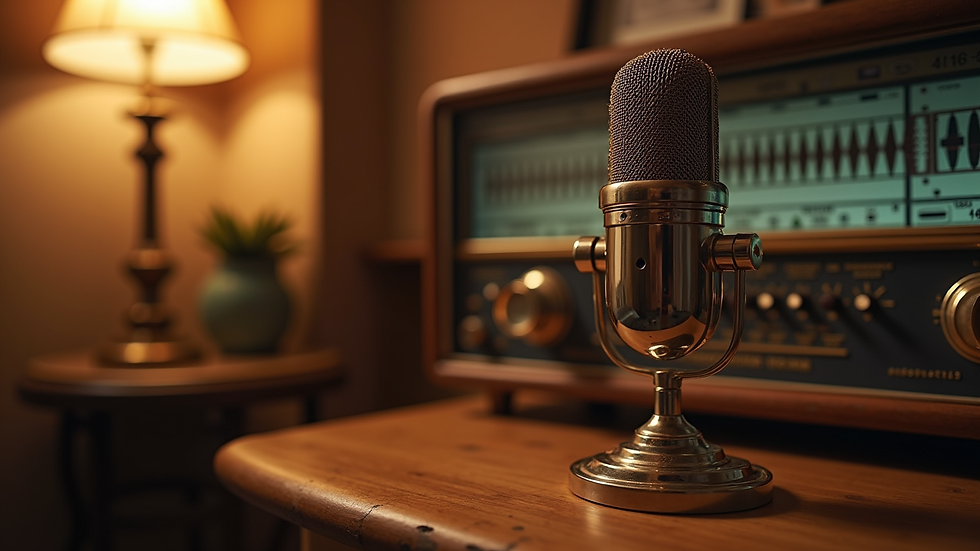 Eye-level view of a vintage radio microphone in a cozy studio
