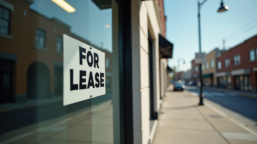 Eye-level view of a commercial building with a "For Lease" sign