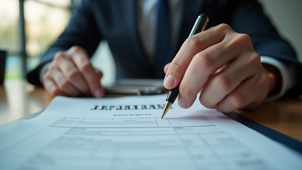 Close-up view of a business owner reviewing insurance documents