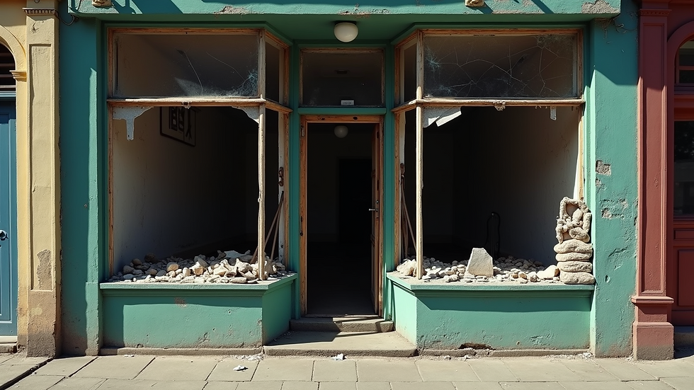 High angle view of a damaged storefront with broken windows
