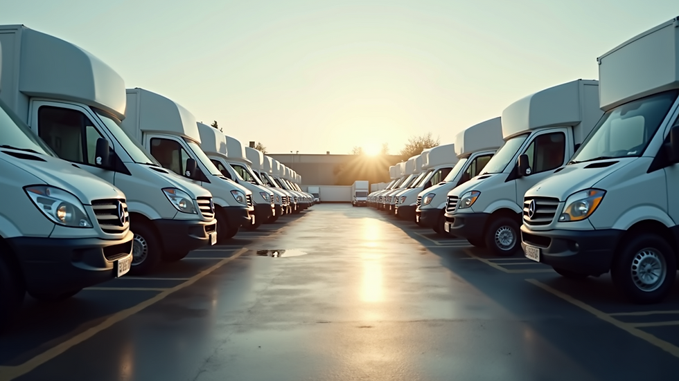 Eye-level view of a fleet of delivery vans parked in a lot
