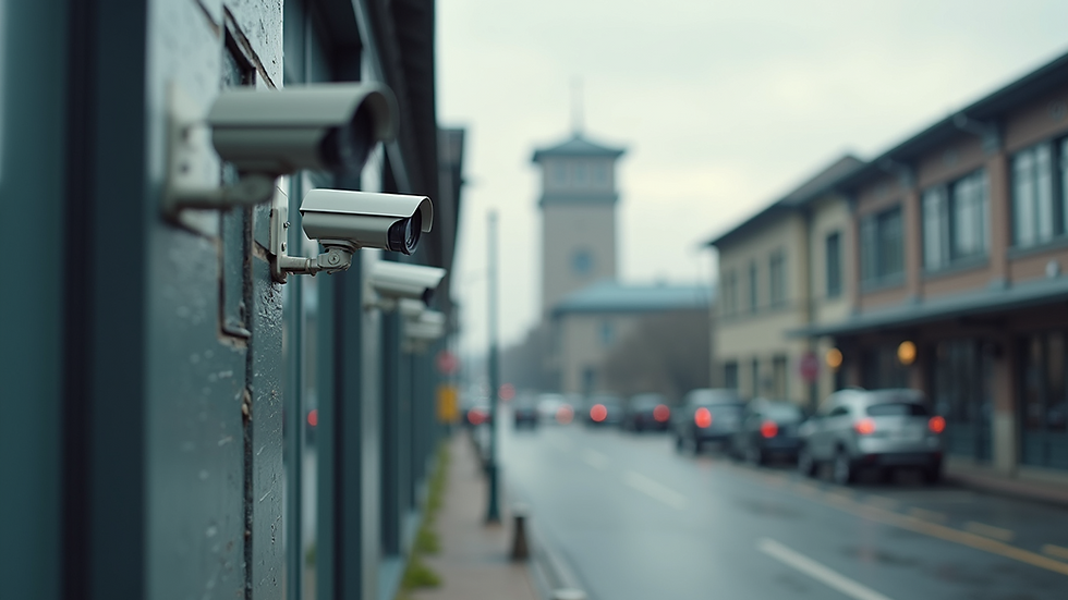 Eye-level view of a commercial building with security cameras installed