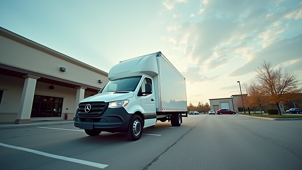 Eye-level view of a white delivery van parked in a business lot