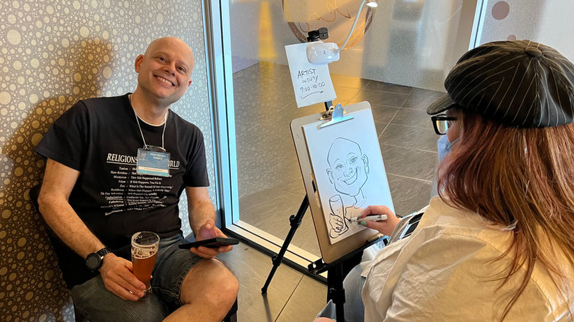 Caricatures by Celestia Ward at pub night.