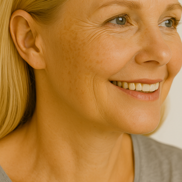 Mature woman with sun-kissed skin and subtle discoloration, smiling brightly.