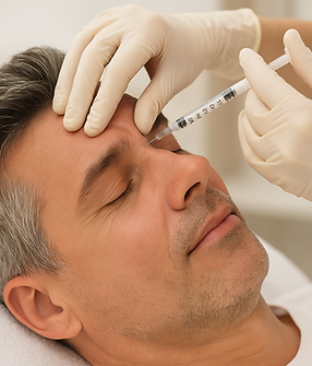 Man receiving a forehead injection from a gloved medical professional, relaxing during a wrinkle-reducing aesthetic treatment.