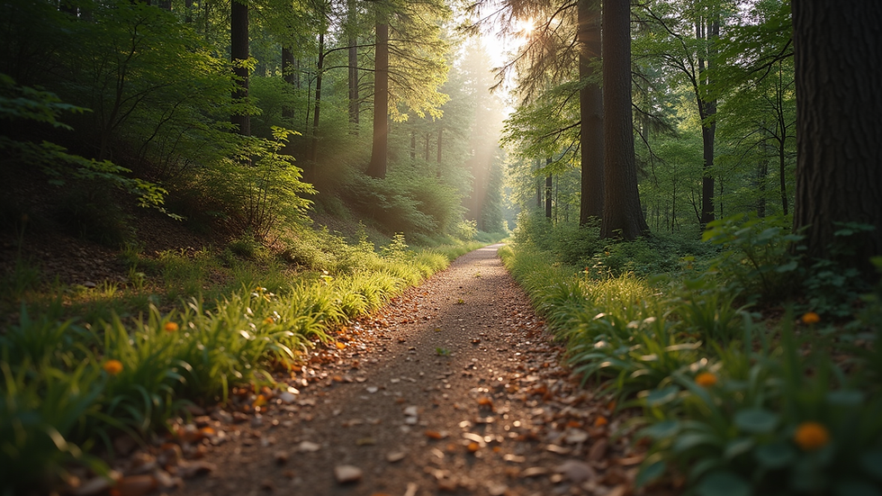 Eye-level view of a scenic hiking trail surrounded by trees