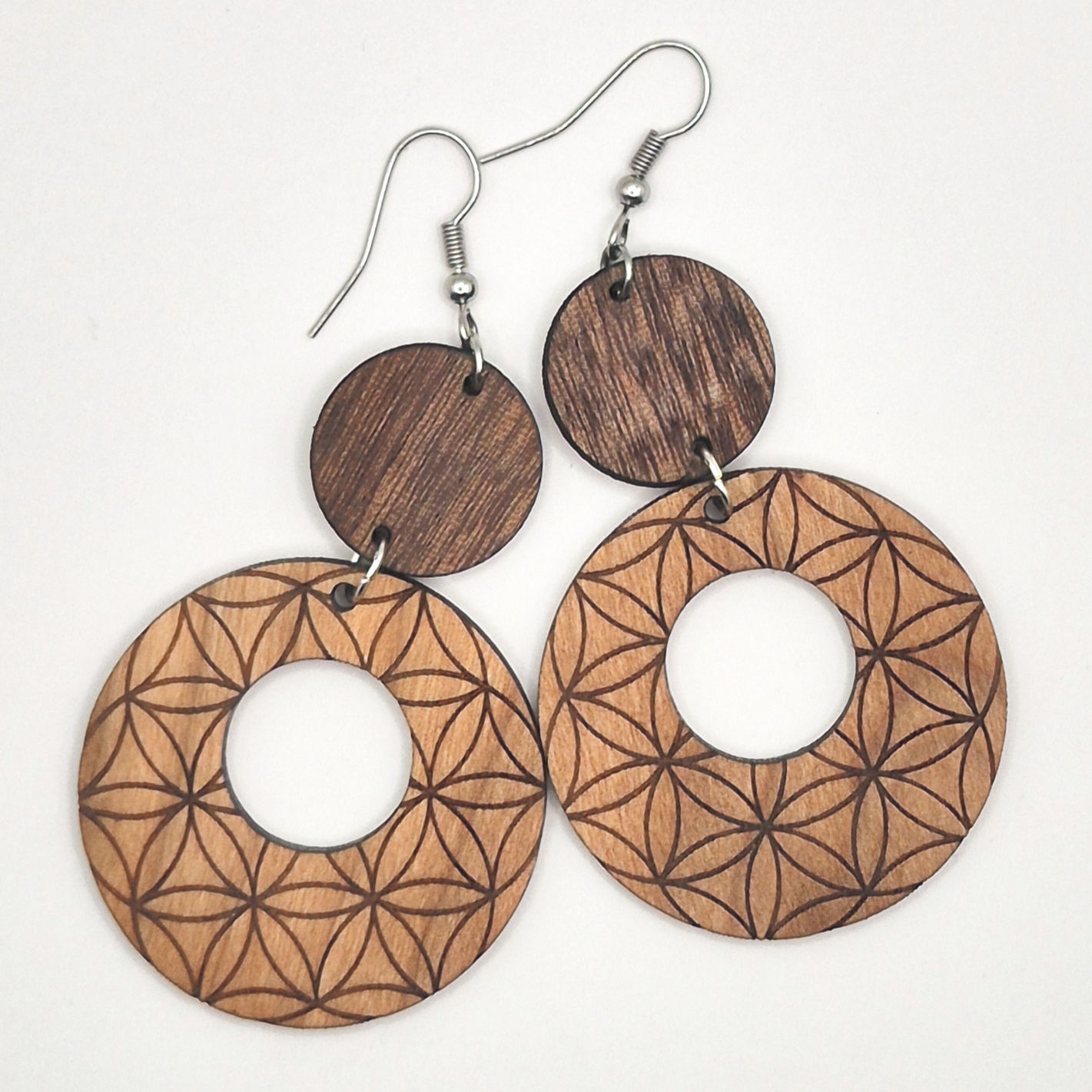 Fleur de vie, boucles d'oreilles en bois, 2 essences