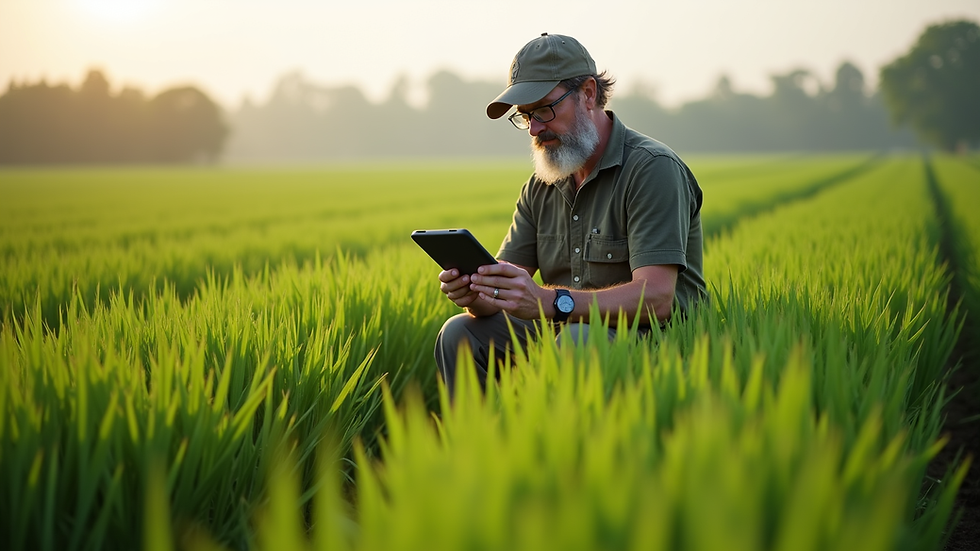 Eye-level view of a farmer using a tablet in a lush green field